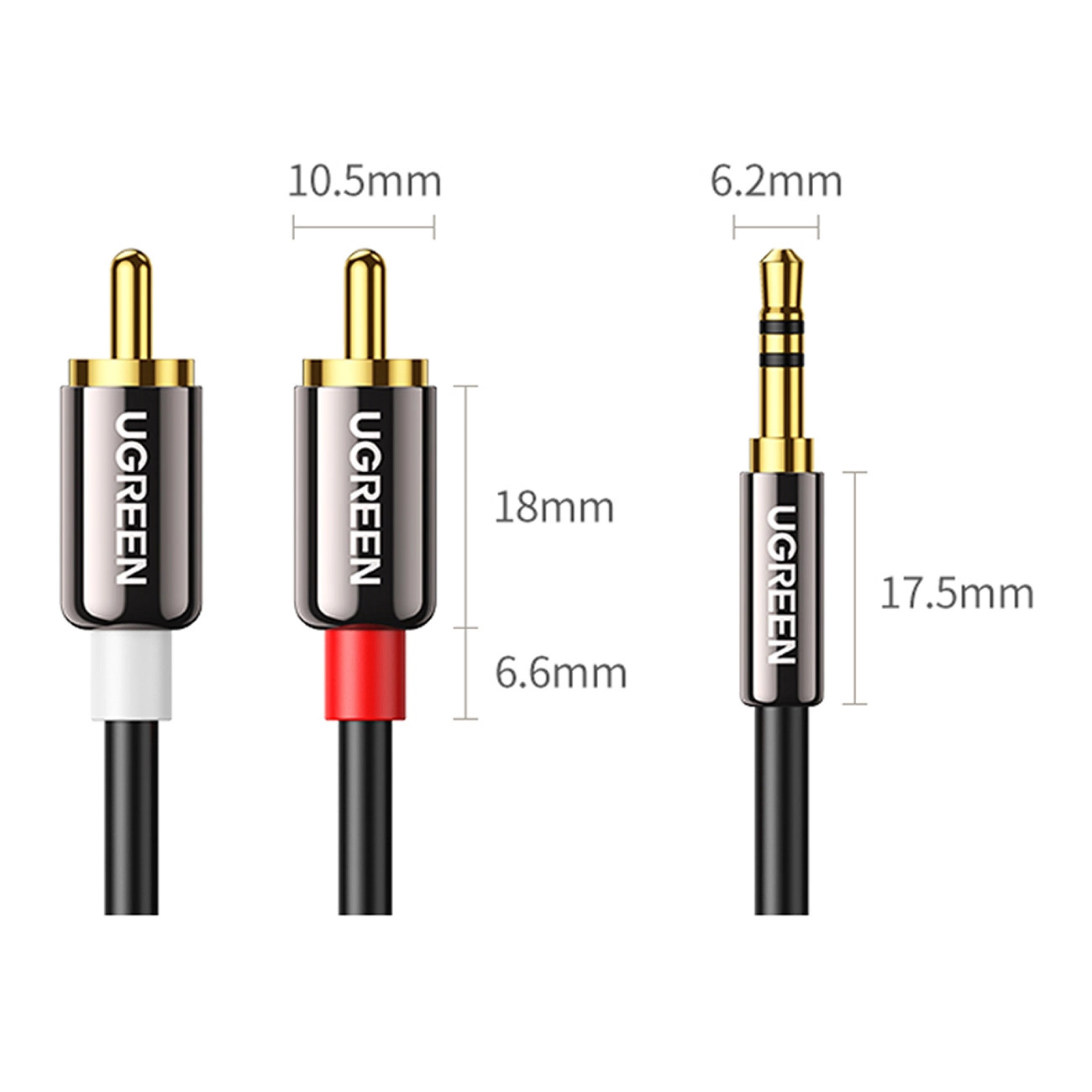 Trzy złącza kabli audio UGREEN: RCA, RCA i 3,5 mm. Podano wymiary.