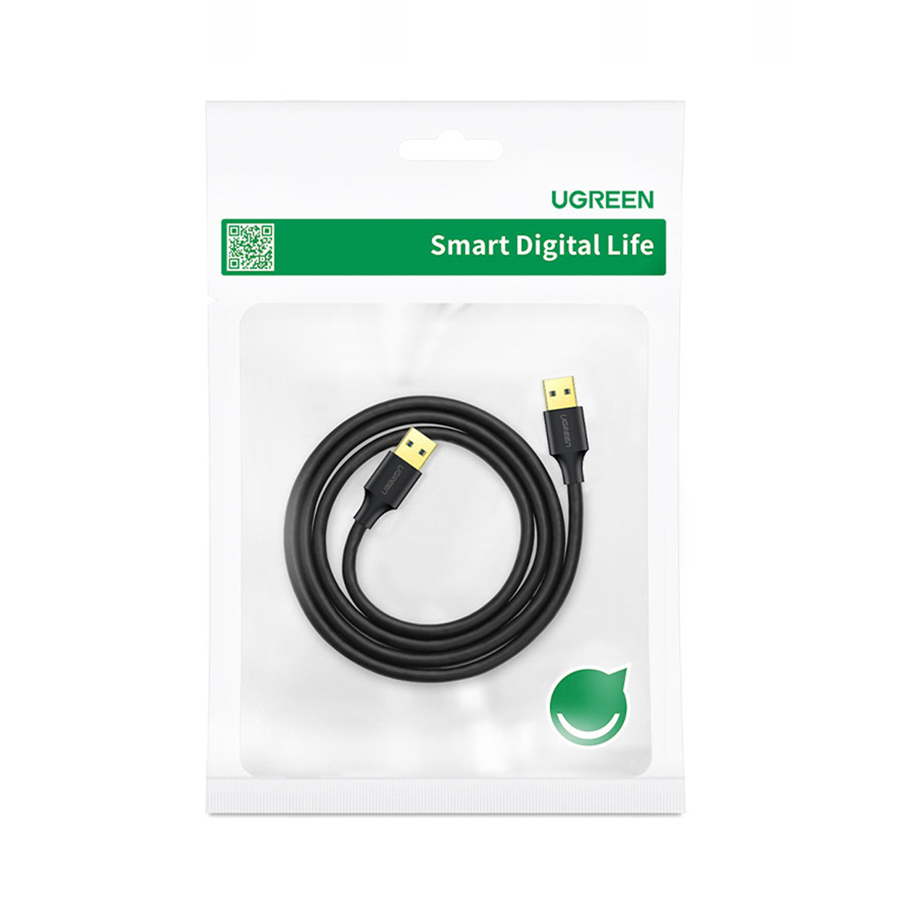 Czarny kabel USB w przezroczystej plastikowej torbie z zielonym logo UGREEN i kodem QR.