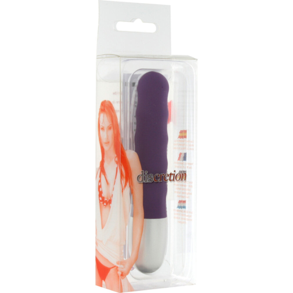 Un juguete sexual en un paquete de plástico transparente. Es morado y blanco. El embalaje muestra a una mujer.