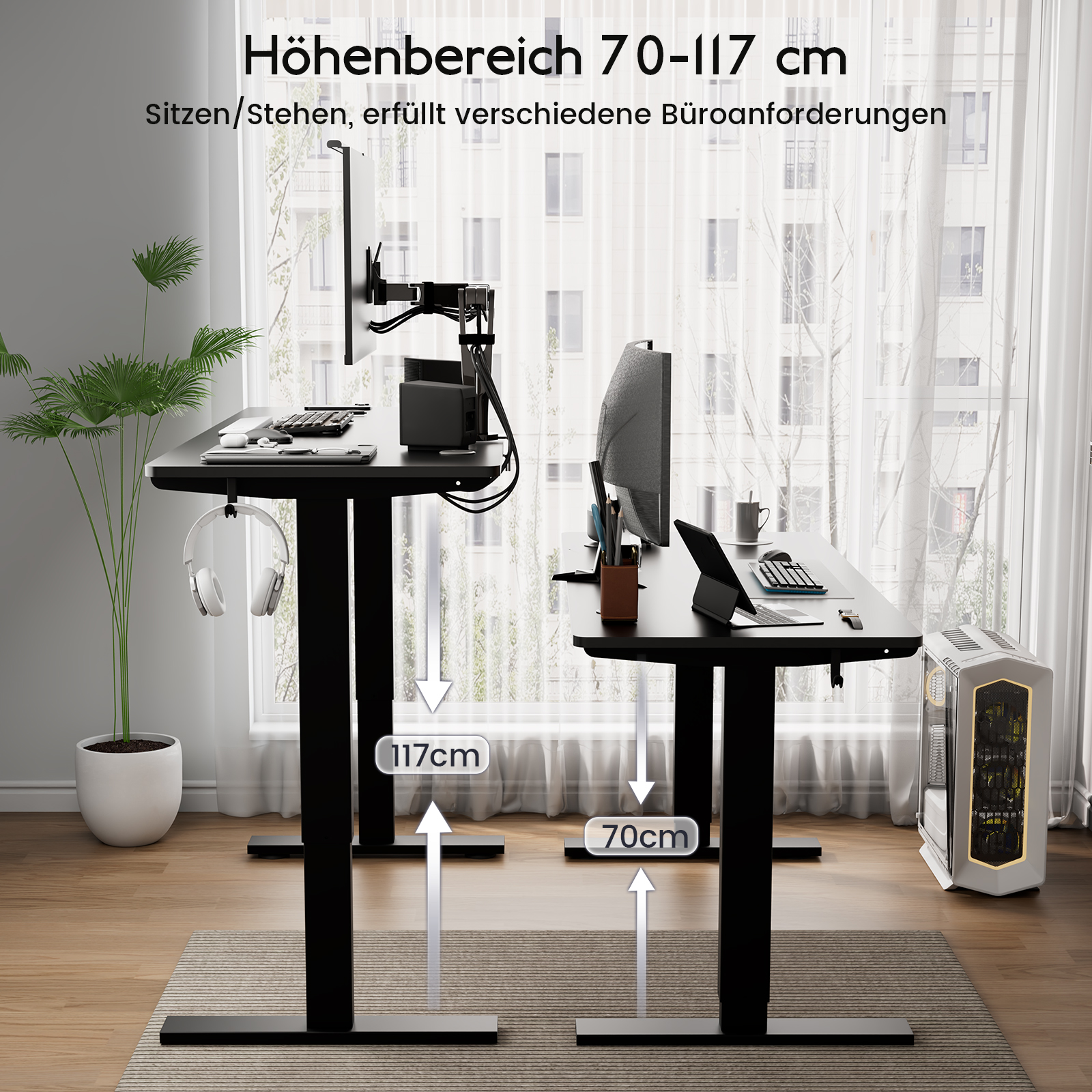 Zwei Stehpulte in verschiedenen Höhen. Text zeigt den Höhenbereich in Zentimetern.
