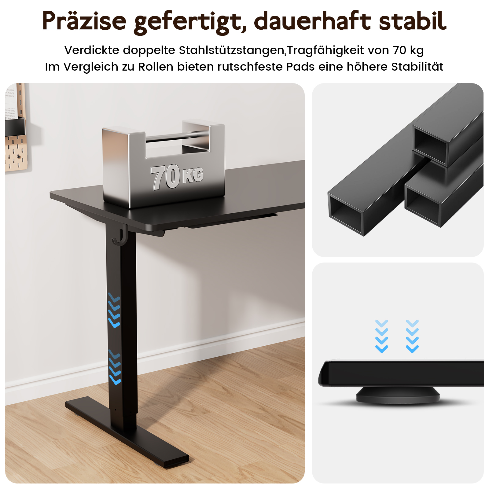 Schreibtisch mit Gewicht und Pfeilen, die Stabilität zeigen. Text beschreibt Eigenschaften.