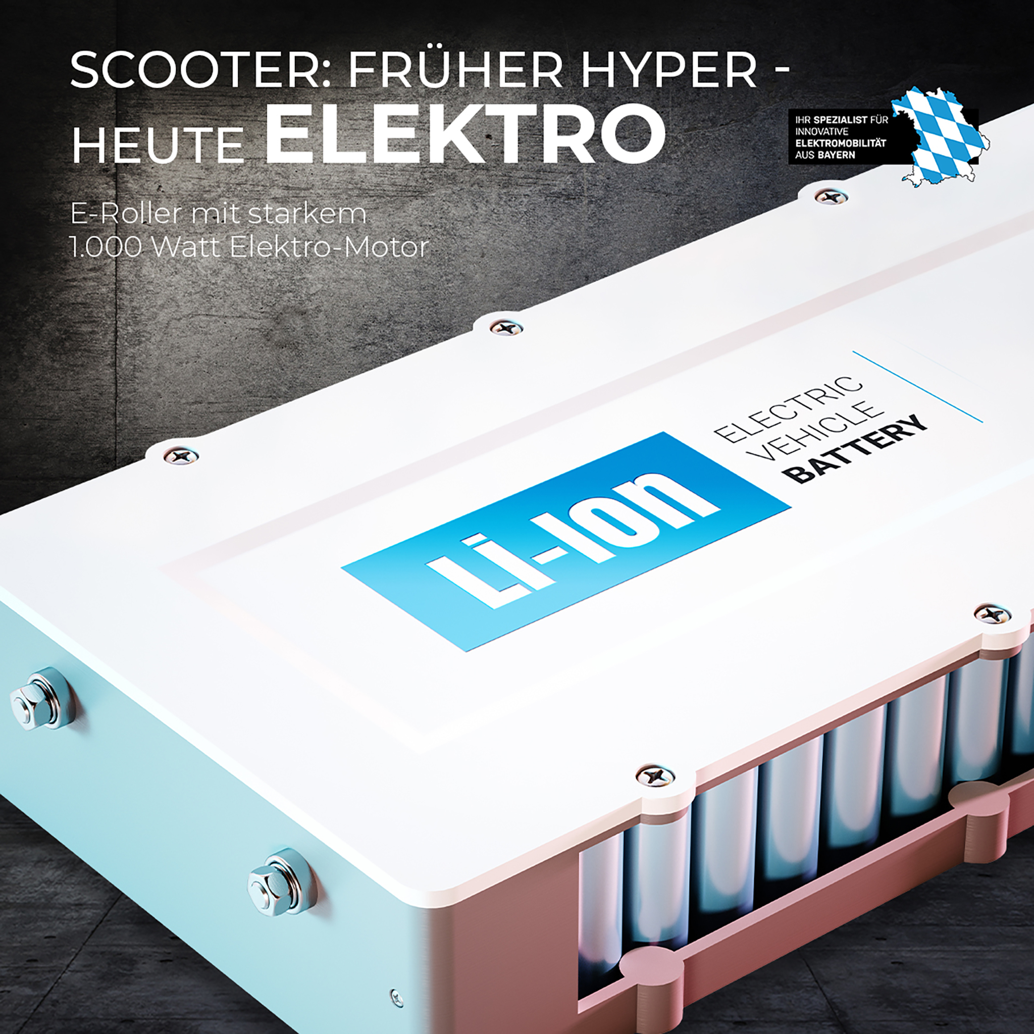 Eine Batterie für Elektrofahrzeuge wird angezeigt. Text: Roller: Früher Hyper - heute Elektro.