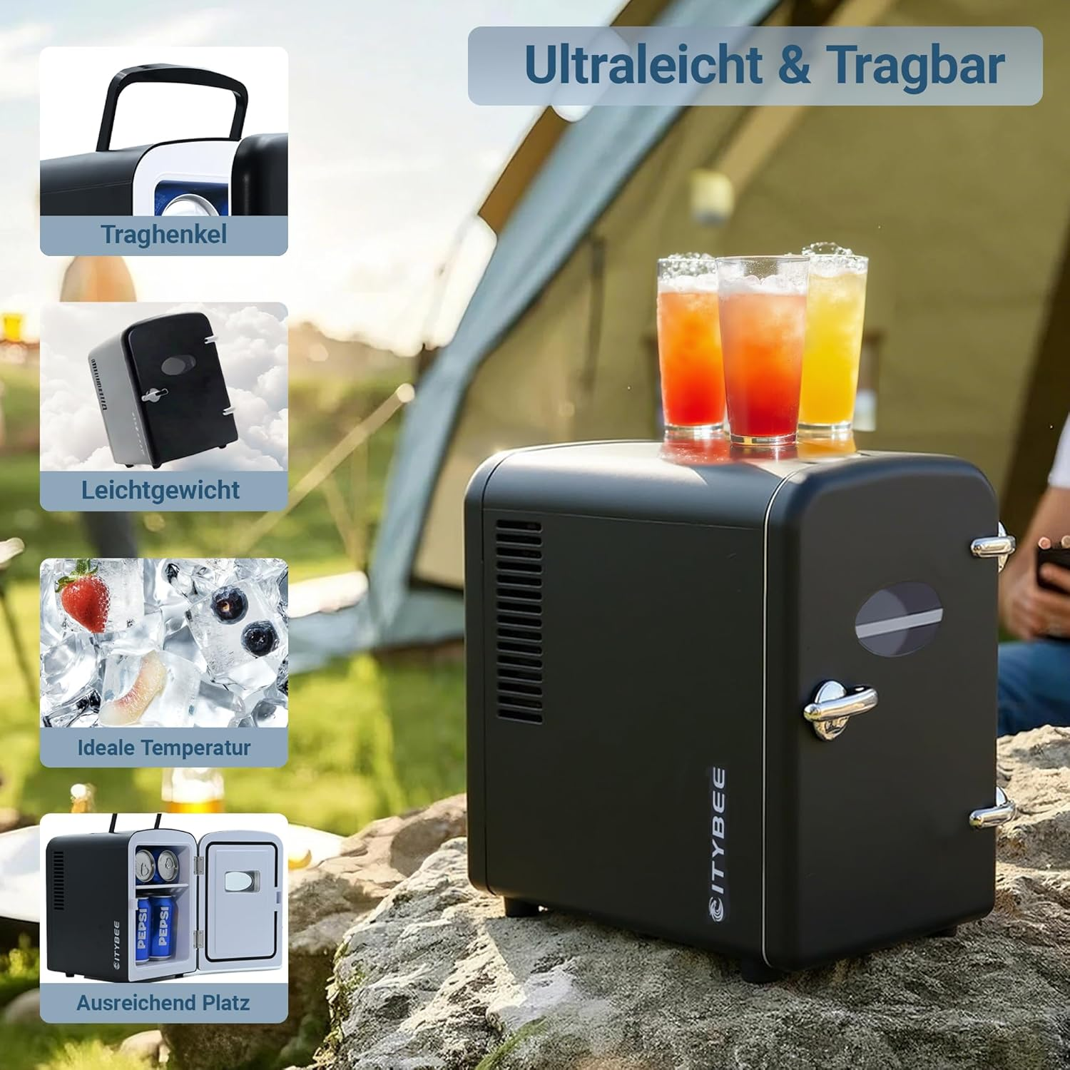 Mini-frigo nero con tre bicchieri di bevande sopra e immagini aggiuntive delle caratteristiche.