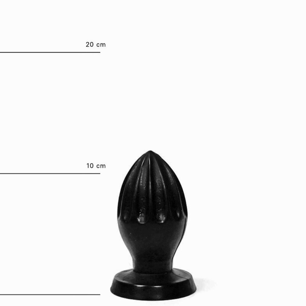 Schwarzes, geripptes, phallusförmiges Objekt mit einem Sockel und einer 10 cm und 20 cm Markierung.