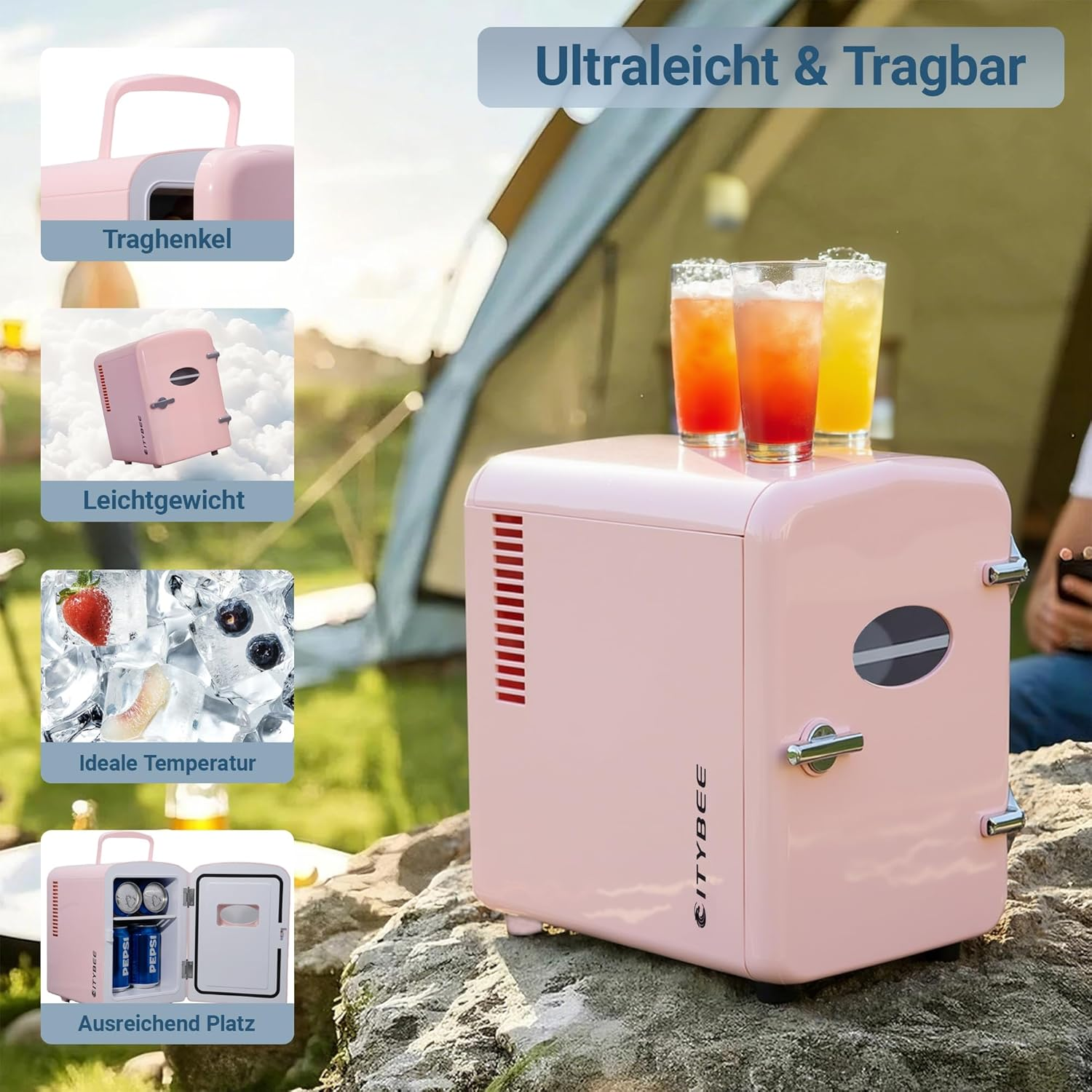 Rosa Mini-Kühlschrank mit Getränken oben und zusätzlichen Bildern von Funktionen. Umgebung im Freien.