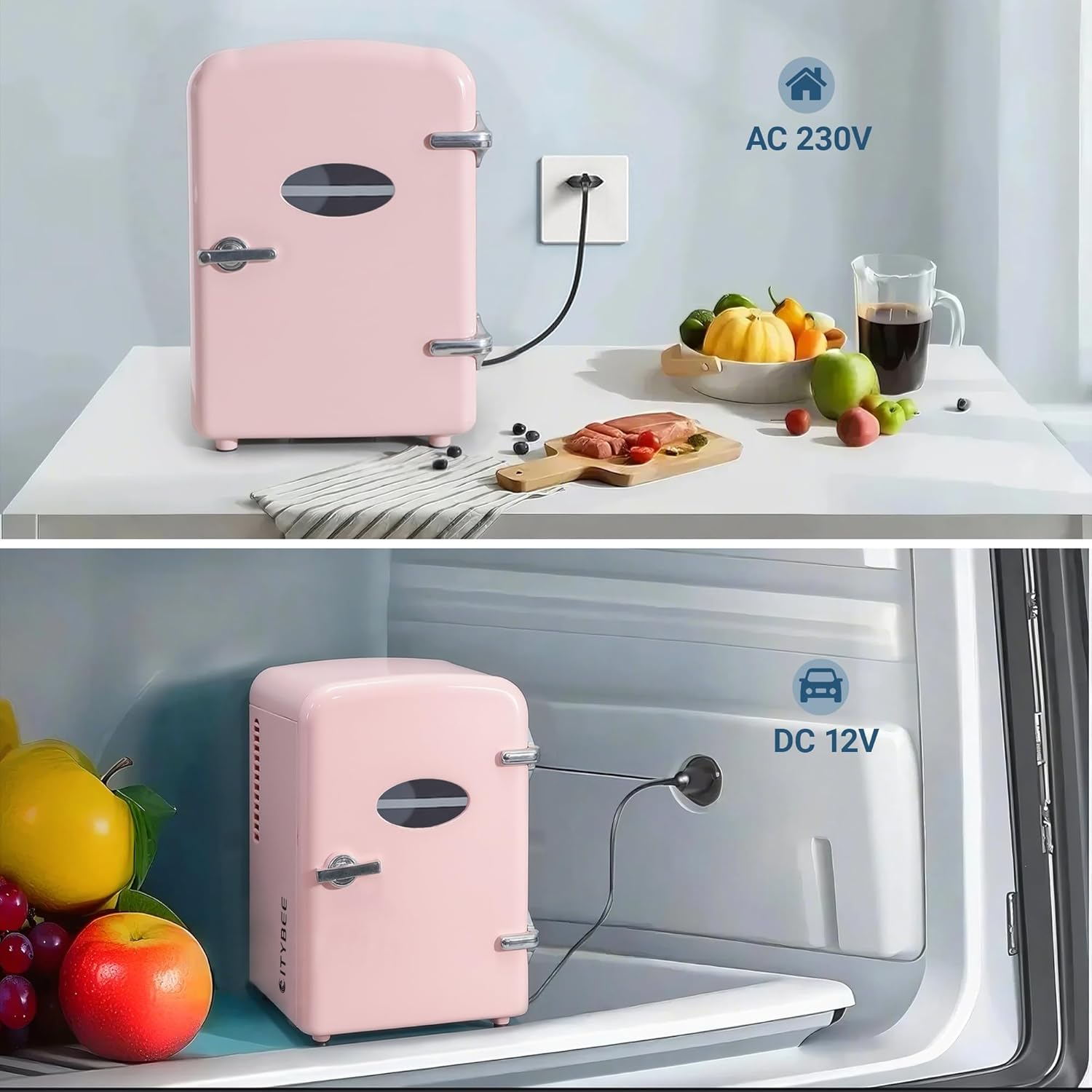 Ein pinkfarbener Minikühlschrank. Oben ist er eingesteckt, unten sieht man das Innere.
