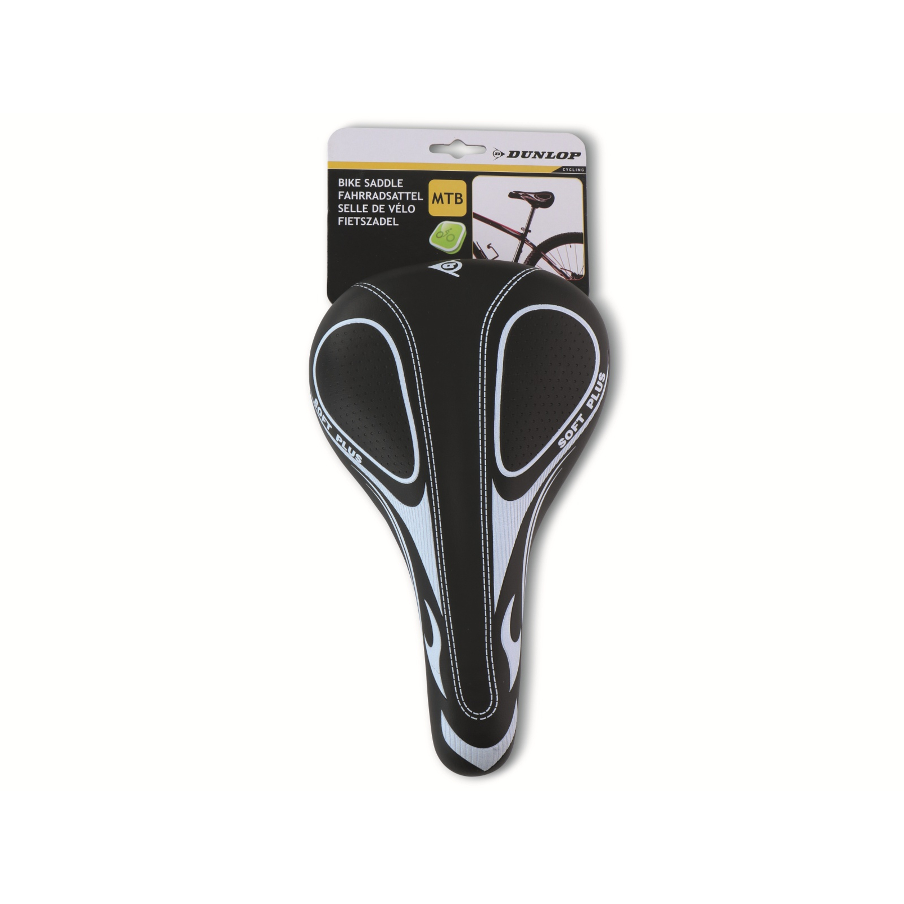 Zwart-wit fietzadel met Dunlop-merk op een witte achtergrond.