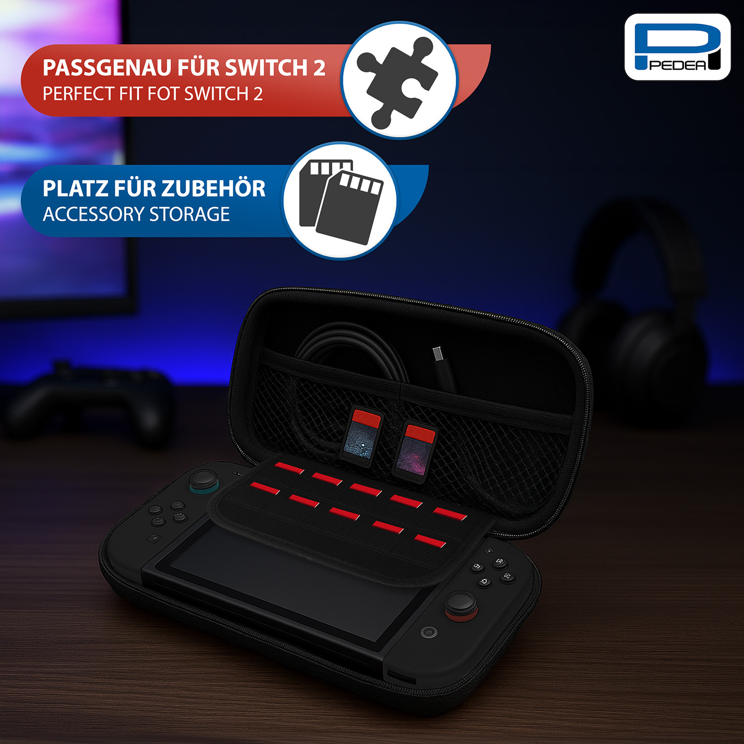 Una custodia nera aperta con una console di gioco, giochi e accessori.