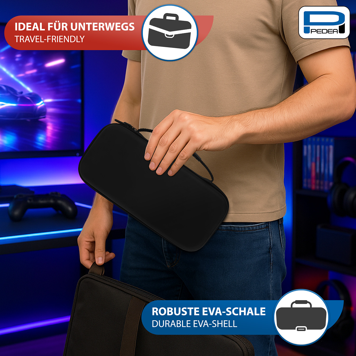 Un uomo che tiene una custodia nera con manico, con console e accessori.