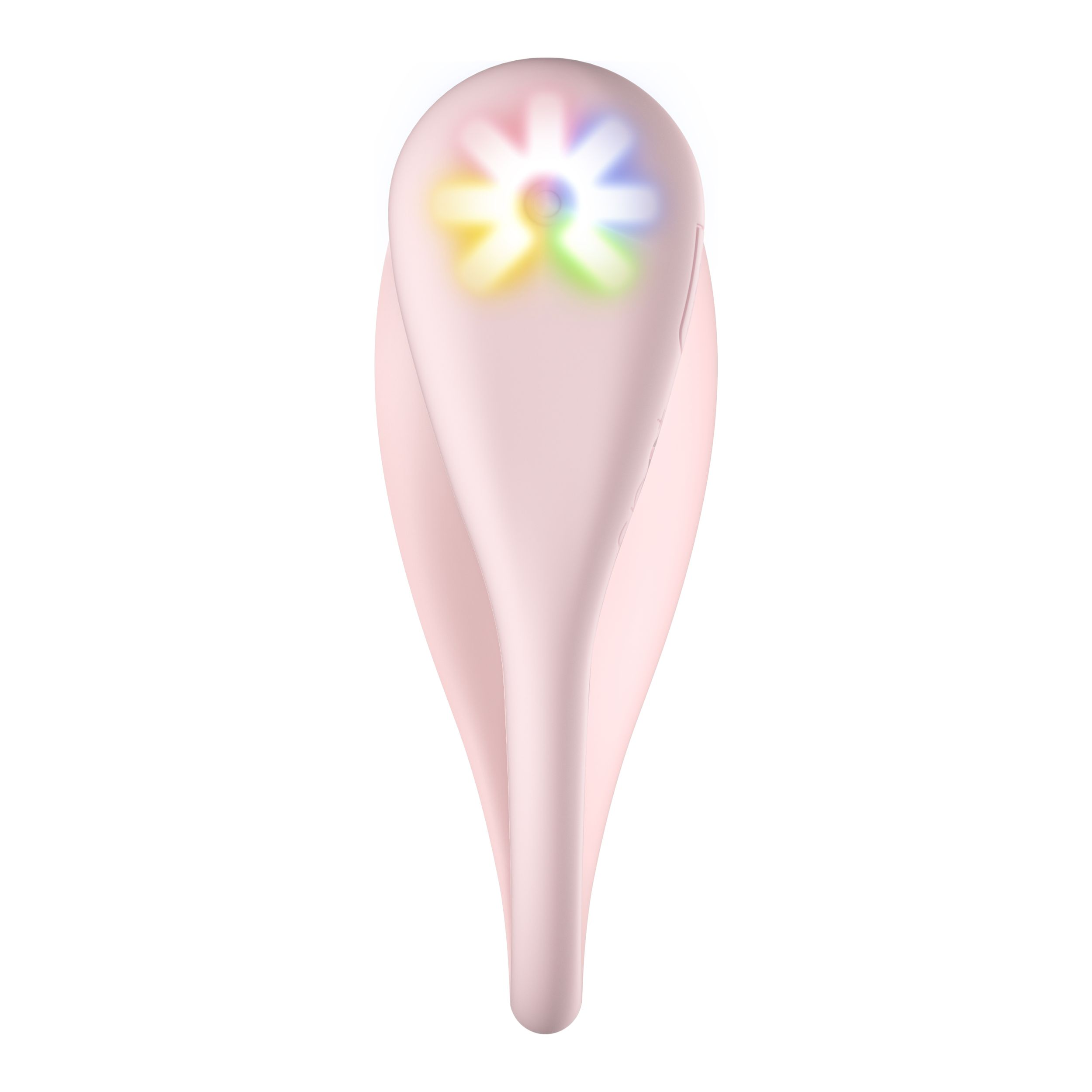 Ein rosa, tropfenförmiges Gerät mit farbenfroher Lichtanzeige auf weißem Hintergrund.