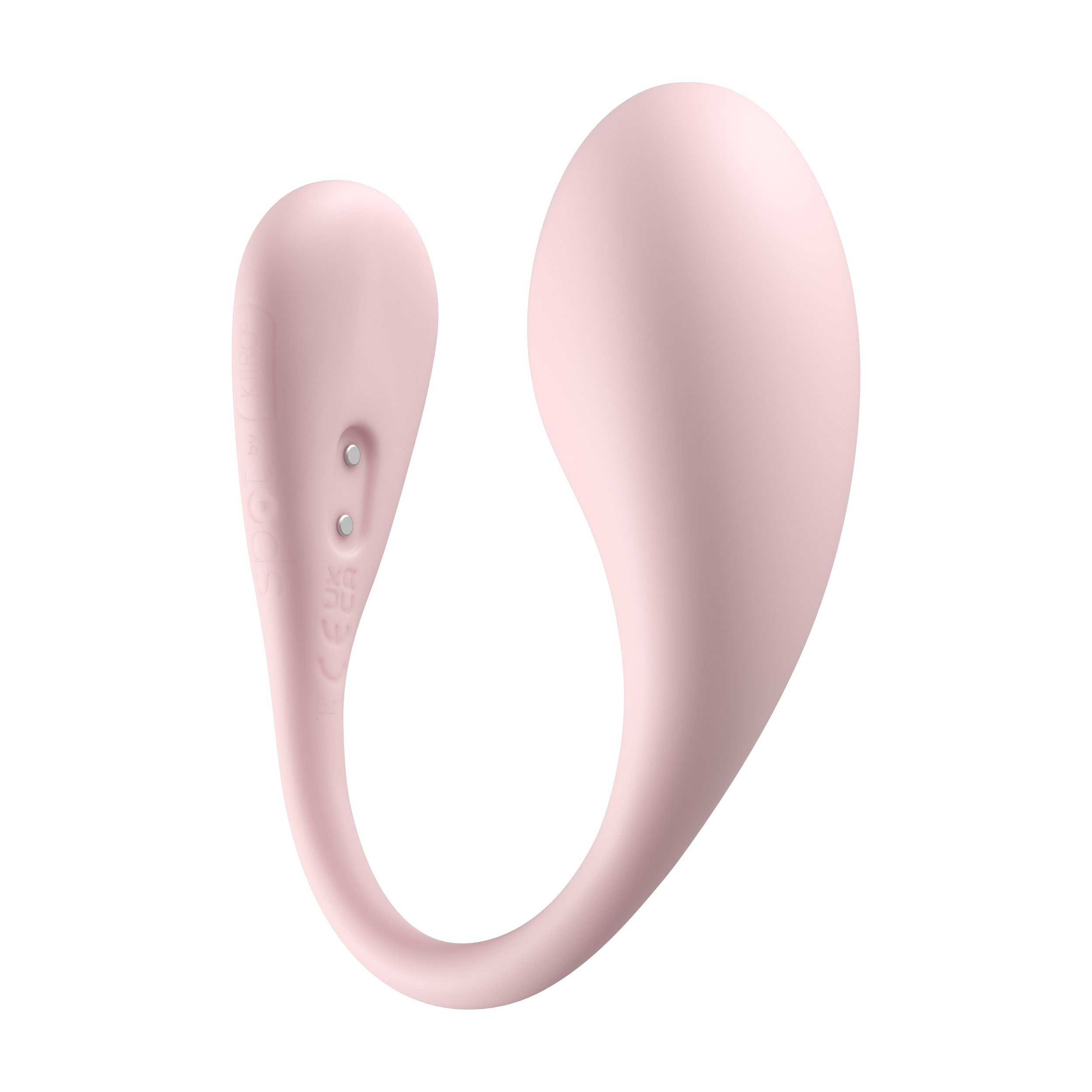 Ein rosa Sexspielzeug in U-Form mit zwei Metallkreisen auf weißem Hintergrund.