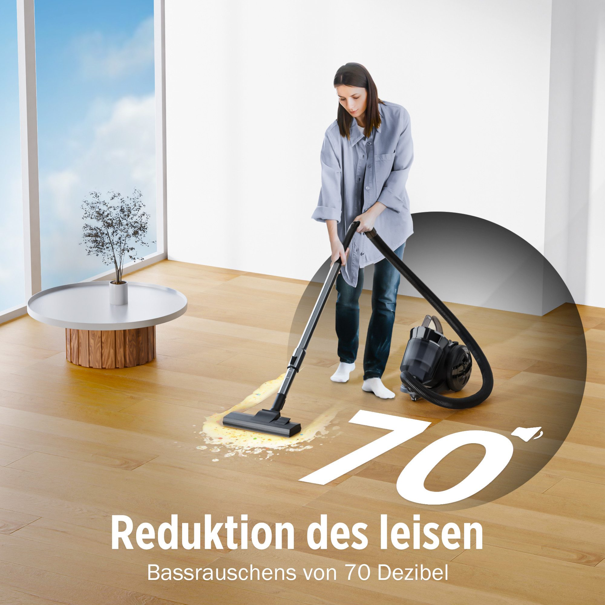 Frau, die einen Holzboden saugt, mit Text, der eine Geräuschreduzierung anzeigt.