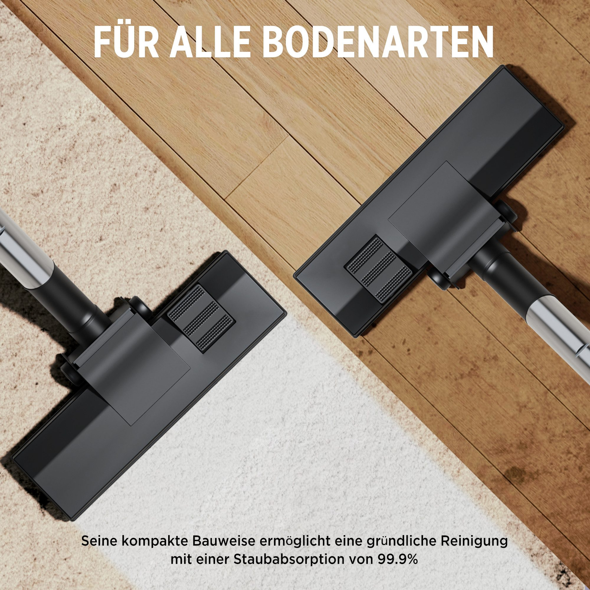 Zwei Staubsaugerdüsen nebeneinander auf Holz- und Teppichboden. Weißer Text oben.