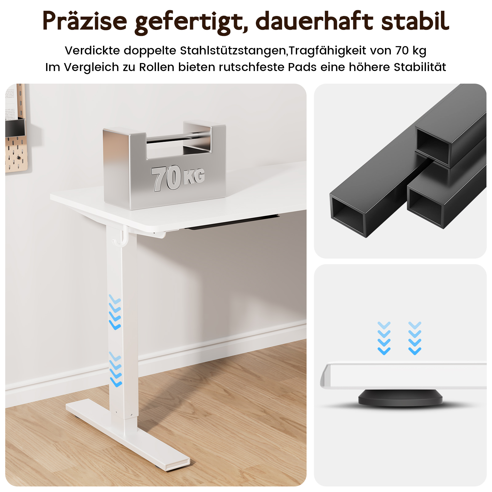 Weißer Schreibtisch mit Gewicht, Diagramme von Metallträgern und Pads.