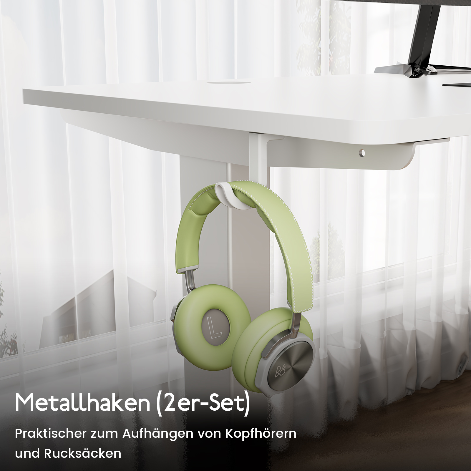 Grüne Kopfhörer hängen an einem weißen Schreibtisch. Text: 'Metallhaken' und 'zum Aufhängen'.