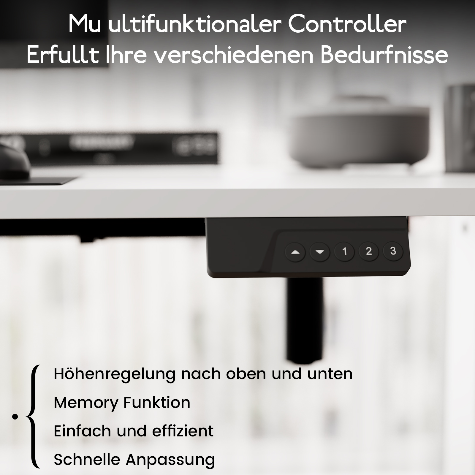 Nahaufnahme des Bedienfelds eines Schreibtisches mit Tasten und Text zu Höhe und Speicher.
