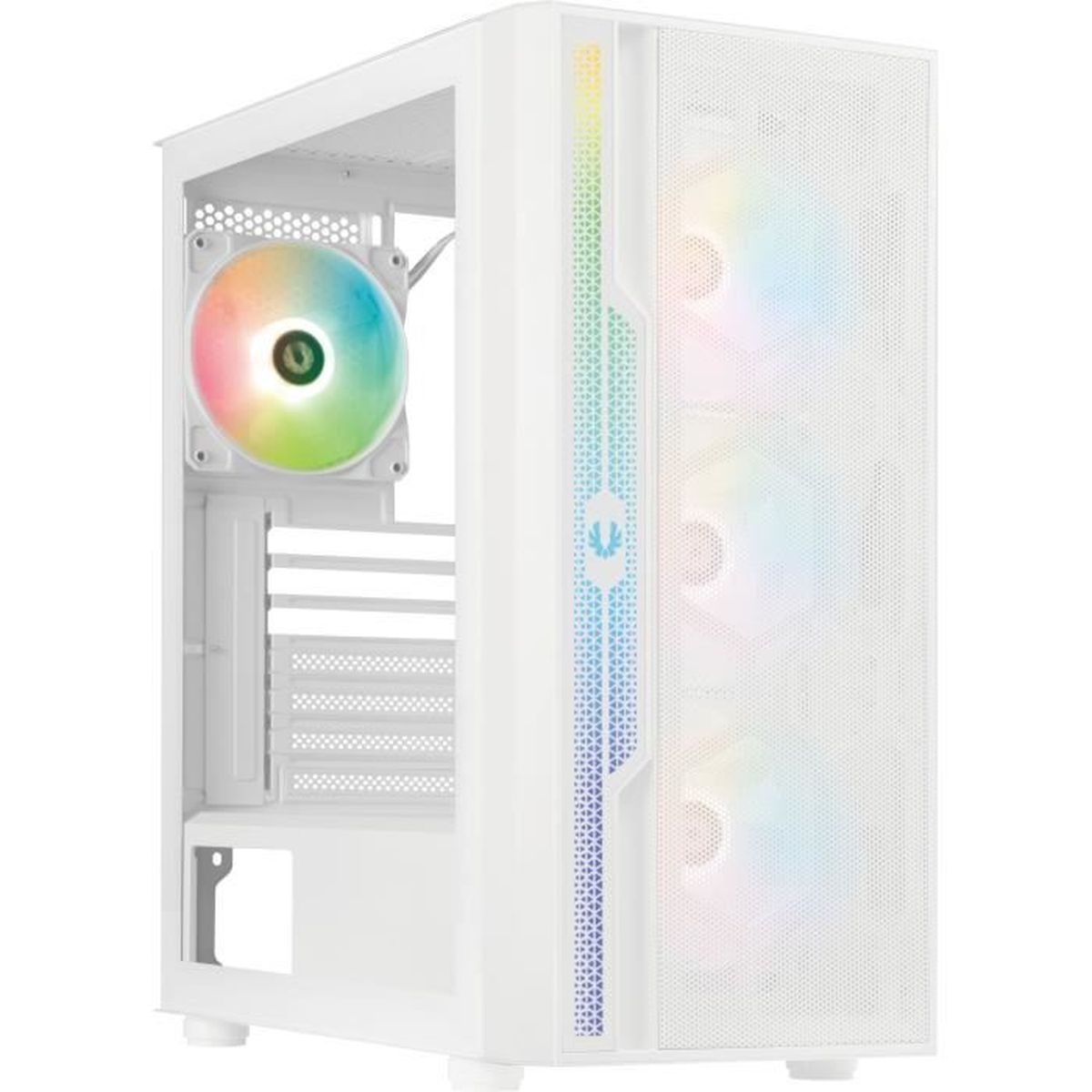 Case per computer bianco con ventola e luci LED, vista laterale.