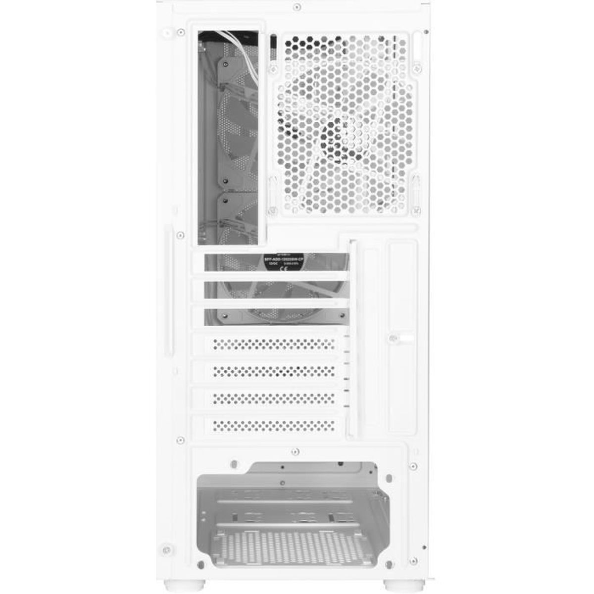Un case per computer bianco vuoto con un pannello laterale trasparente. I componenti interni sono visibili.