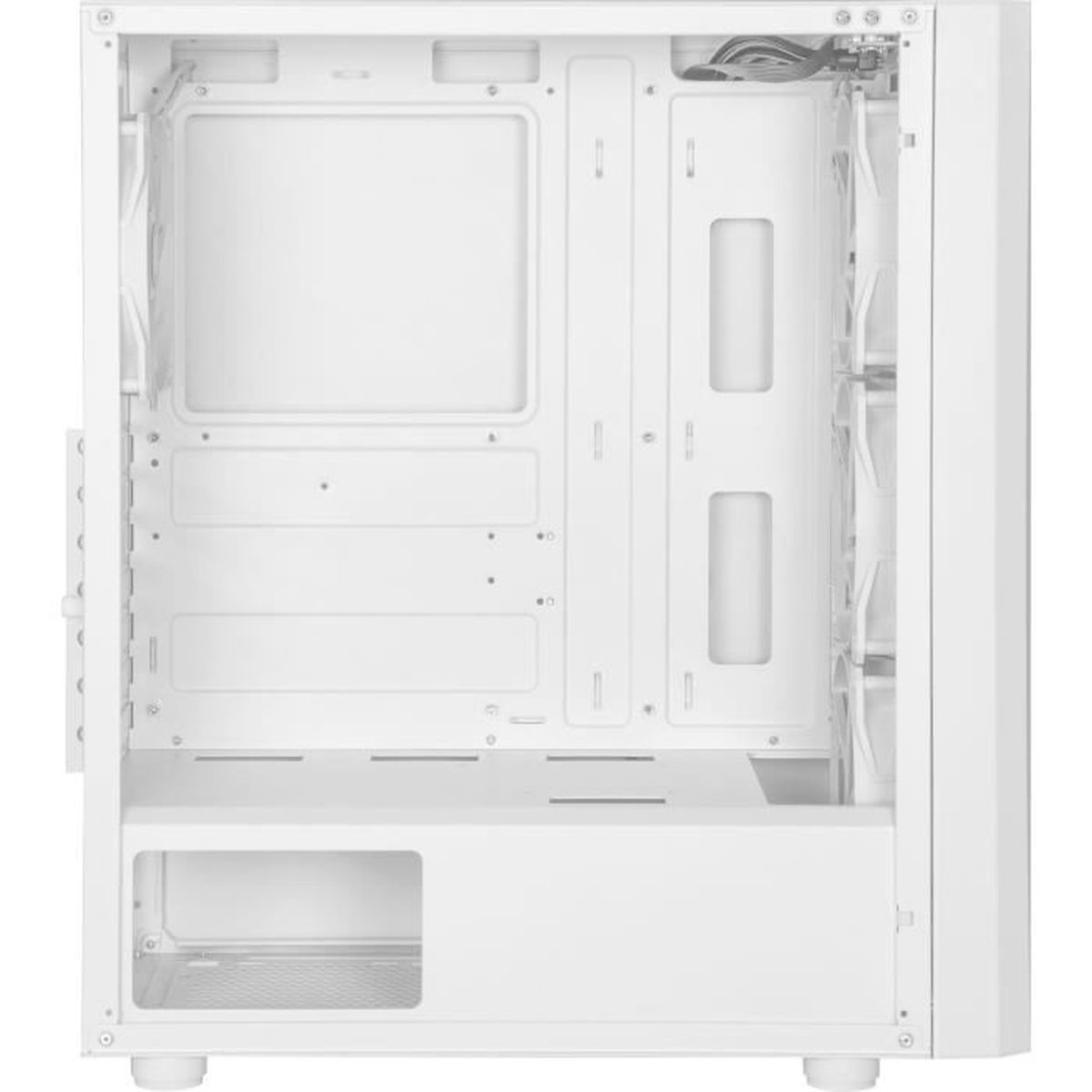 Interno di un case per computer bianco, che mostra i vani vuoti e i punti di montaggio dei componenti.