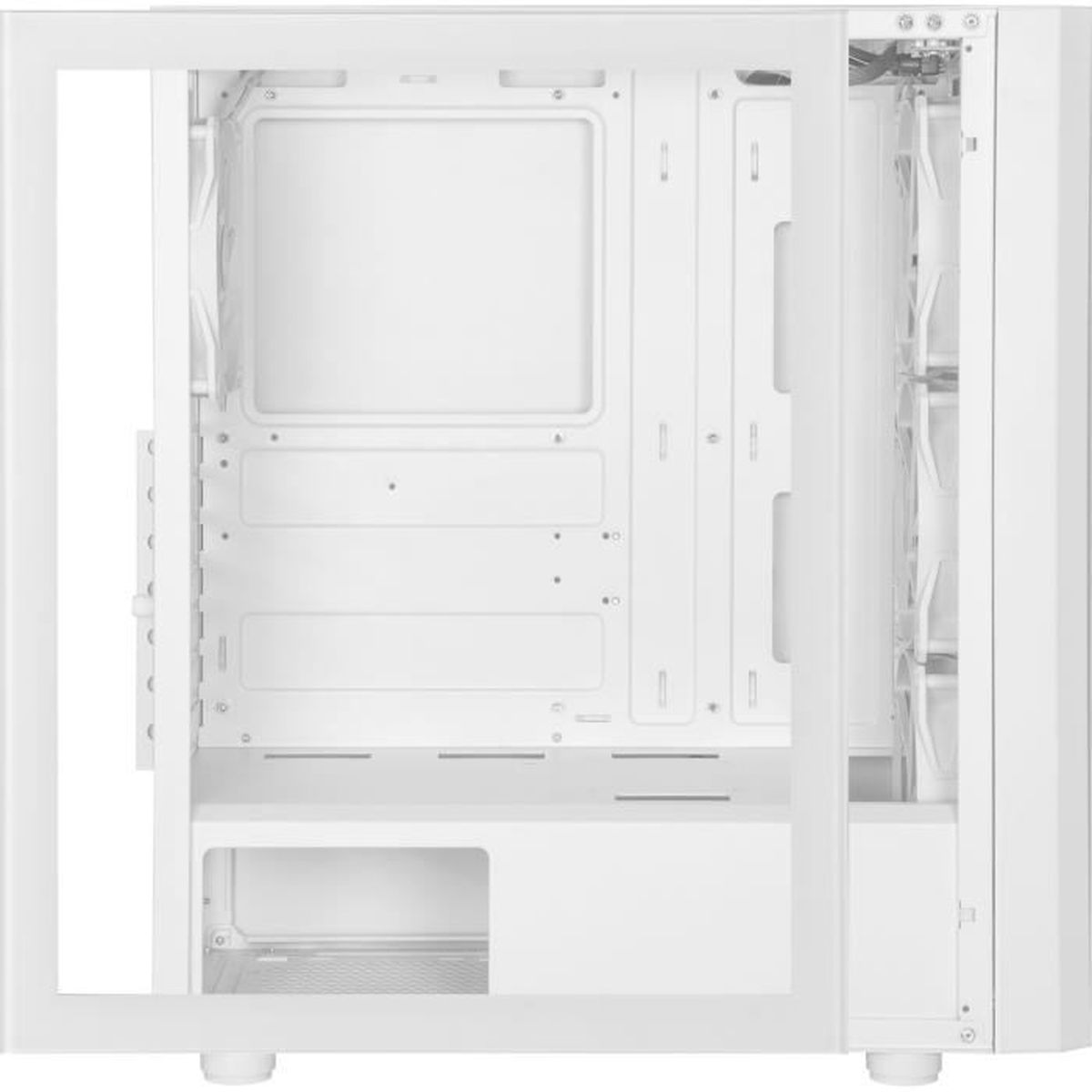 Case per computer bianco vuoto con pannello laterale in vetro, vista laterale.