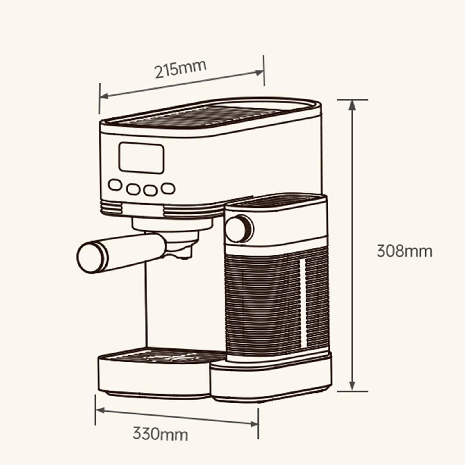 Ein Diagramm einer Espressomaschine mit den Maßen: 215 mm breit, 308 mm hoch und 330 mm tief.