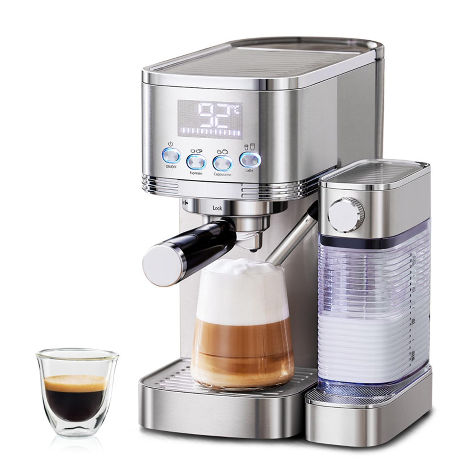 Eine silberne Espressomaschine mit Latte, Espresso und Milchbehälter.