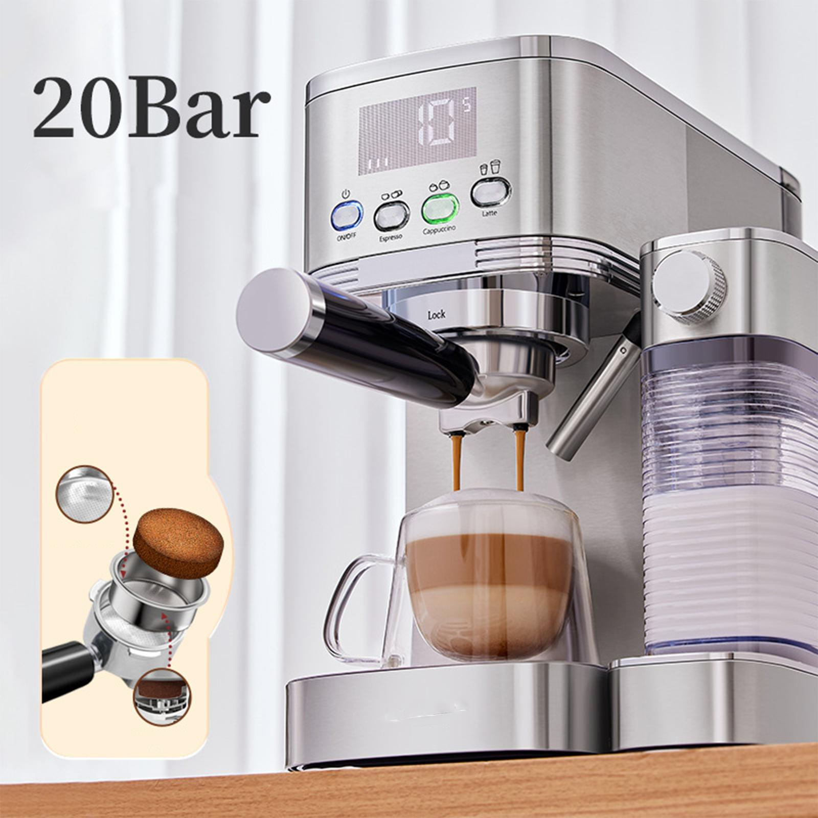 Espressomaschine, die Kaffee in ein Glas gießt, mit einem Diagramm der Komponenten.