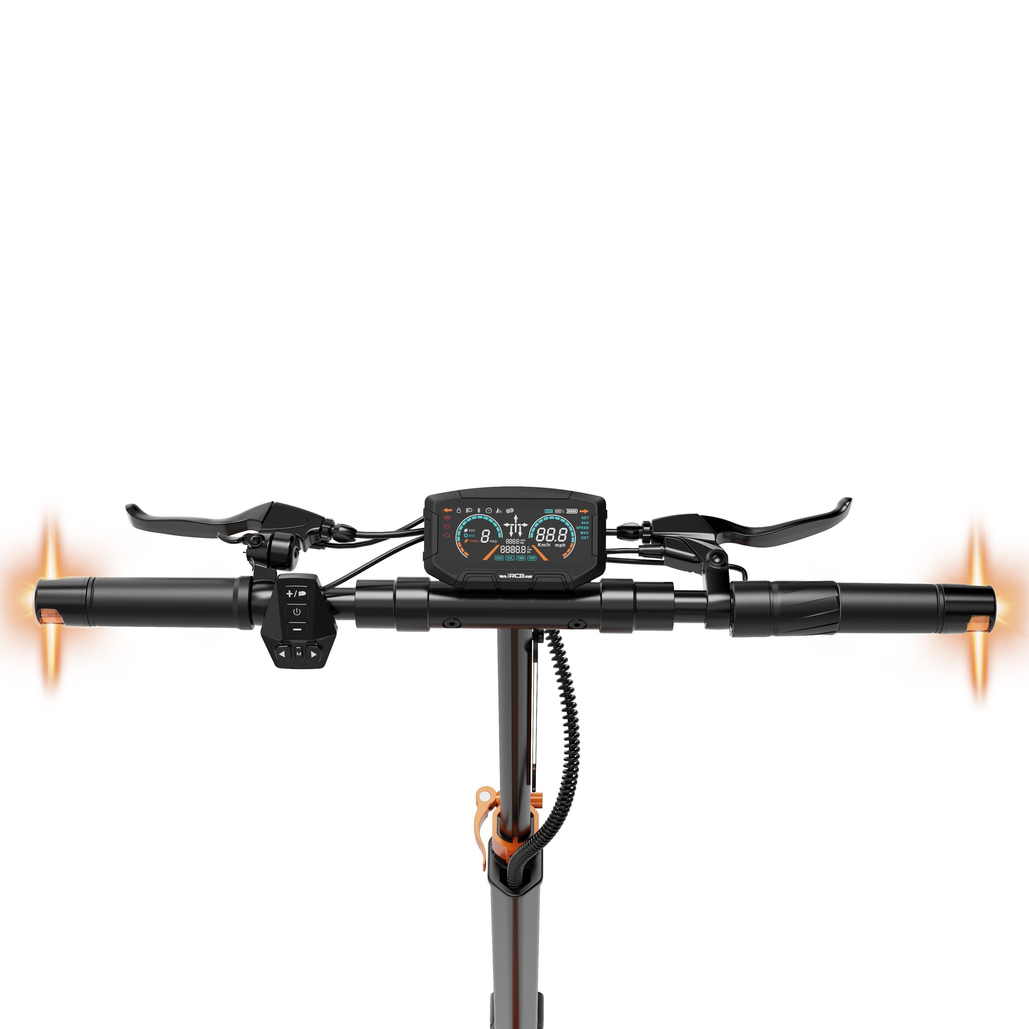 Der Lenker eines Rollers mit Digitalanzeige, Lichtern und Bedienelementen.