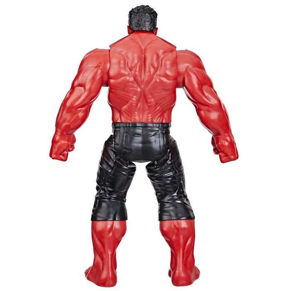 Vista trasera de una figura de acción de Red Hulk. La figura es roja con pantalones negros y musculatura.