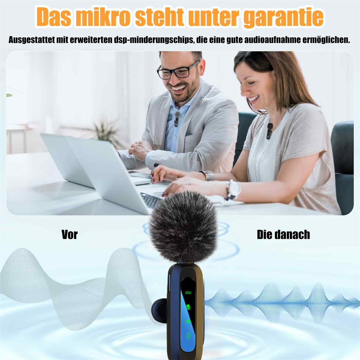 Zwei Personen benutzen Mikrofone. Ein Mikrofon mit pelzigem Kopf wird gezeigt, und Schallwellen werden dargestellt.