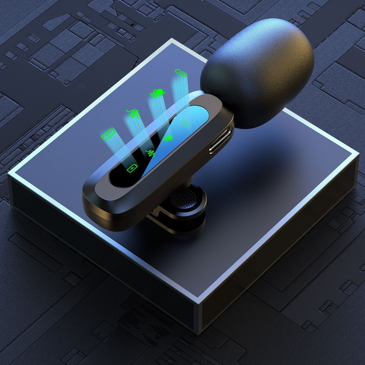 Ein schwarzes Mikrofon mit digitalem Display. Ein blaues Quadrat und grüne Lichter sind sichtbar.