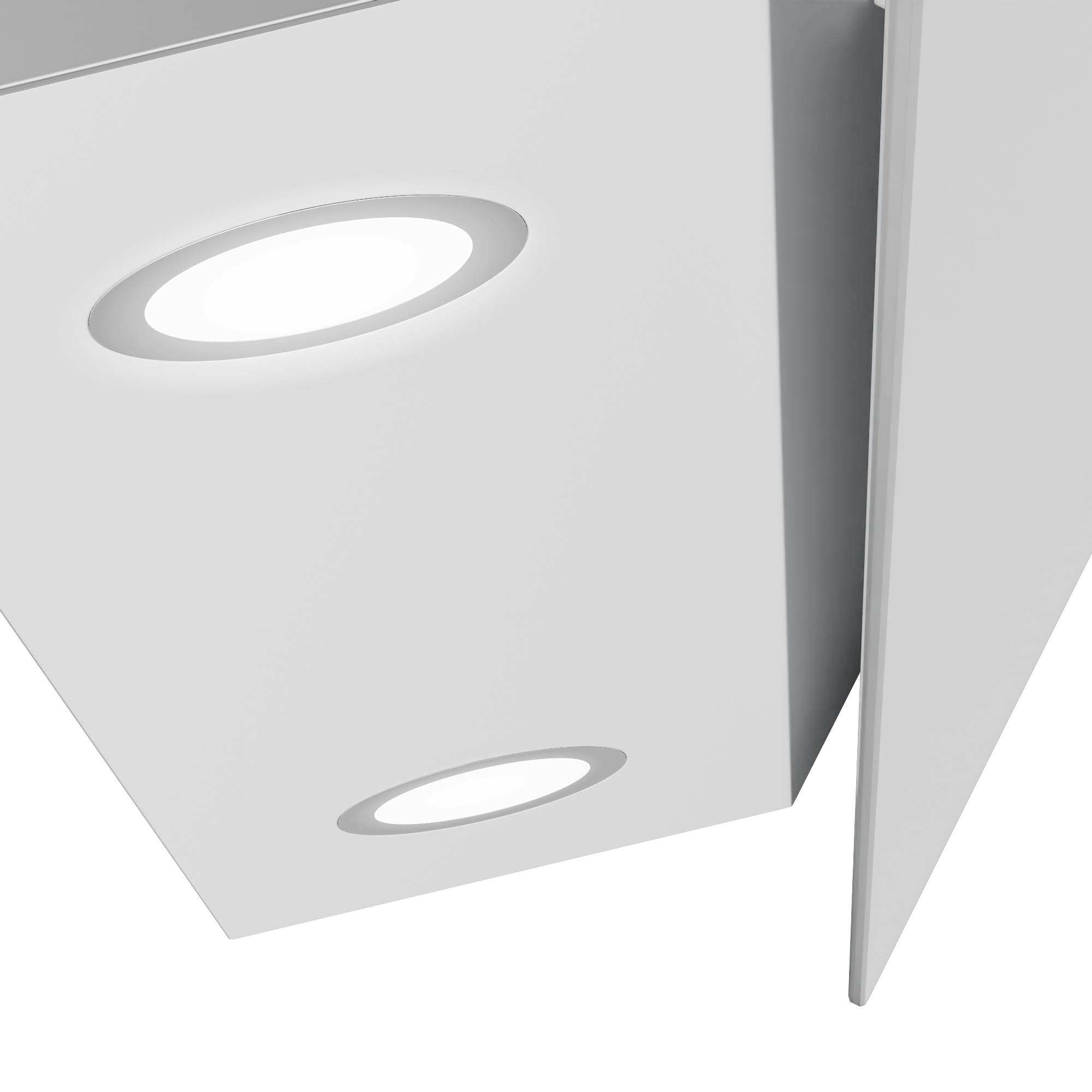 Vista inferior de una campana extractora blanca con dos luces integradas. Las luces tienen forma ovalada.