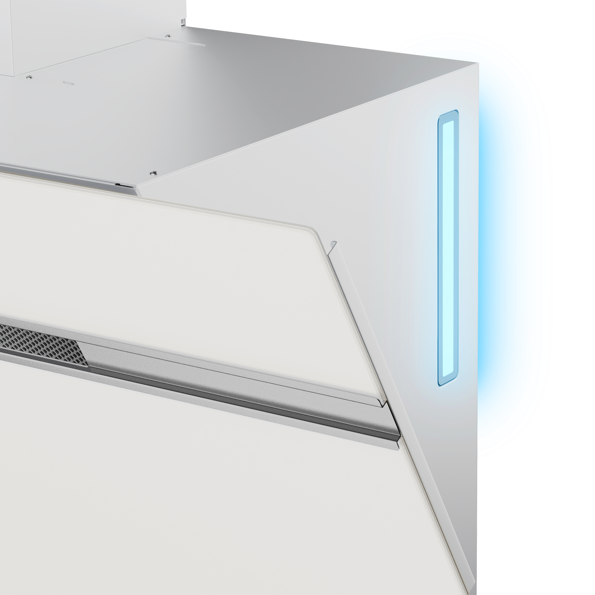Esquina de electrodoméstico blanco con una tira de luz azul.