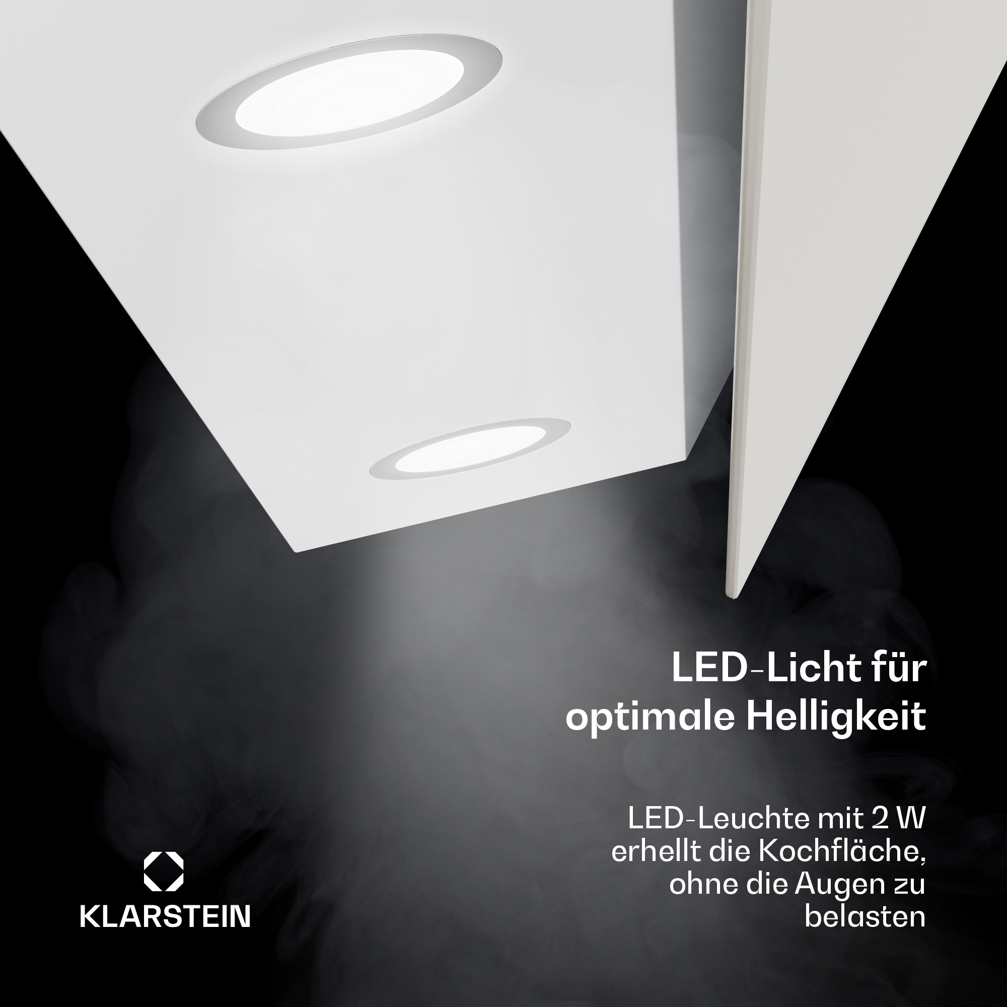 Campana de cocina blanca con dos luces. El texto dice luz LED para un brillo óptimo y luces LED con 2 W.