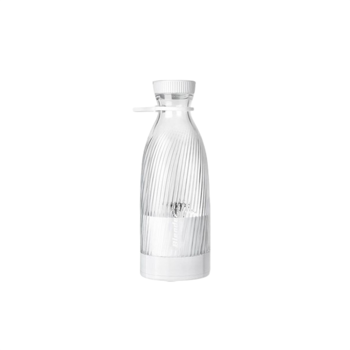 Eine klare, geriffelte Flasche mit weißem Boden und Deckel, zum Mixen bestimmt.