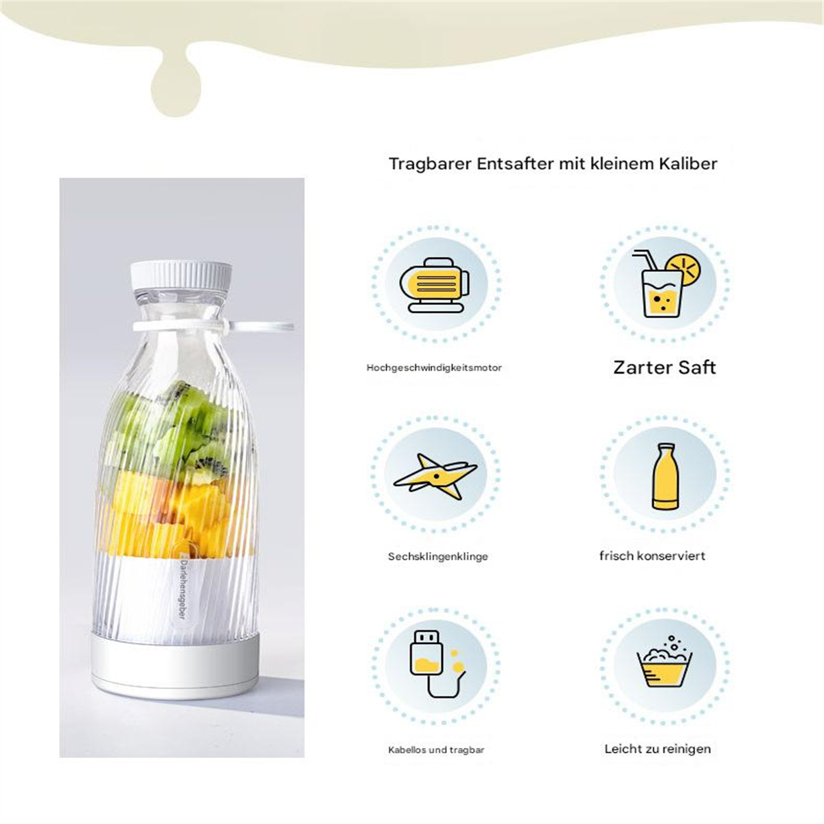 Eine Mixflasche mit Zutaten und Icons, die die Vorteile des Produkts beschreiben.