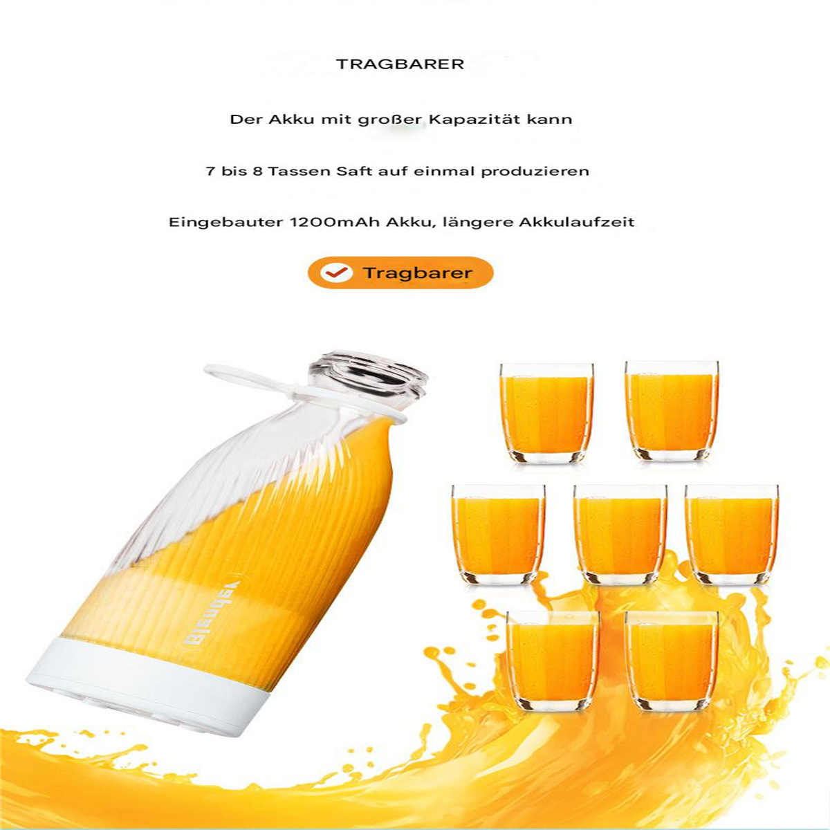 Das Bild zeigt einen tragbaren Mixer und Gläser mit Orangensaft vor einem weißen Hintergrund mit deutschem Text.