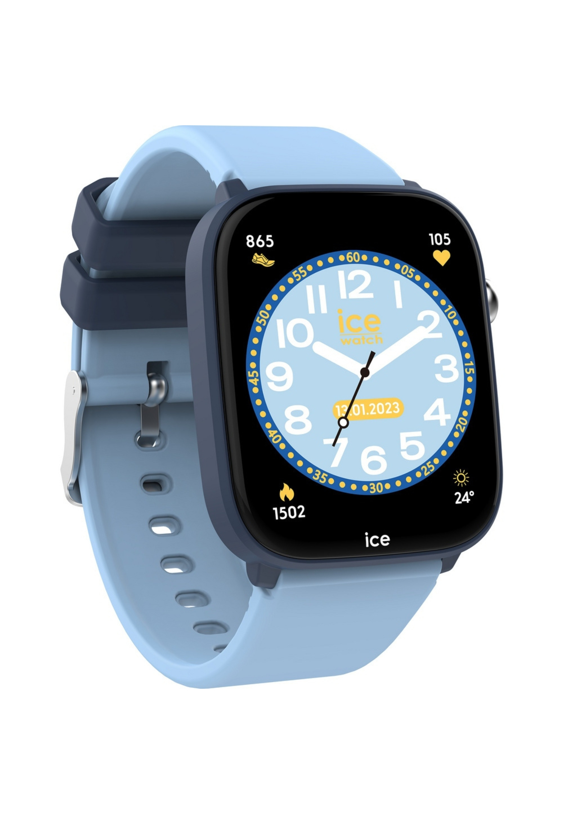 Eine blaue und marinefarbene Smartwatch mit Digitalanzeige, die Datum und Uhrzeit anzeigt.