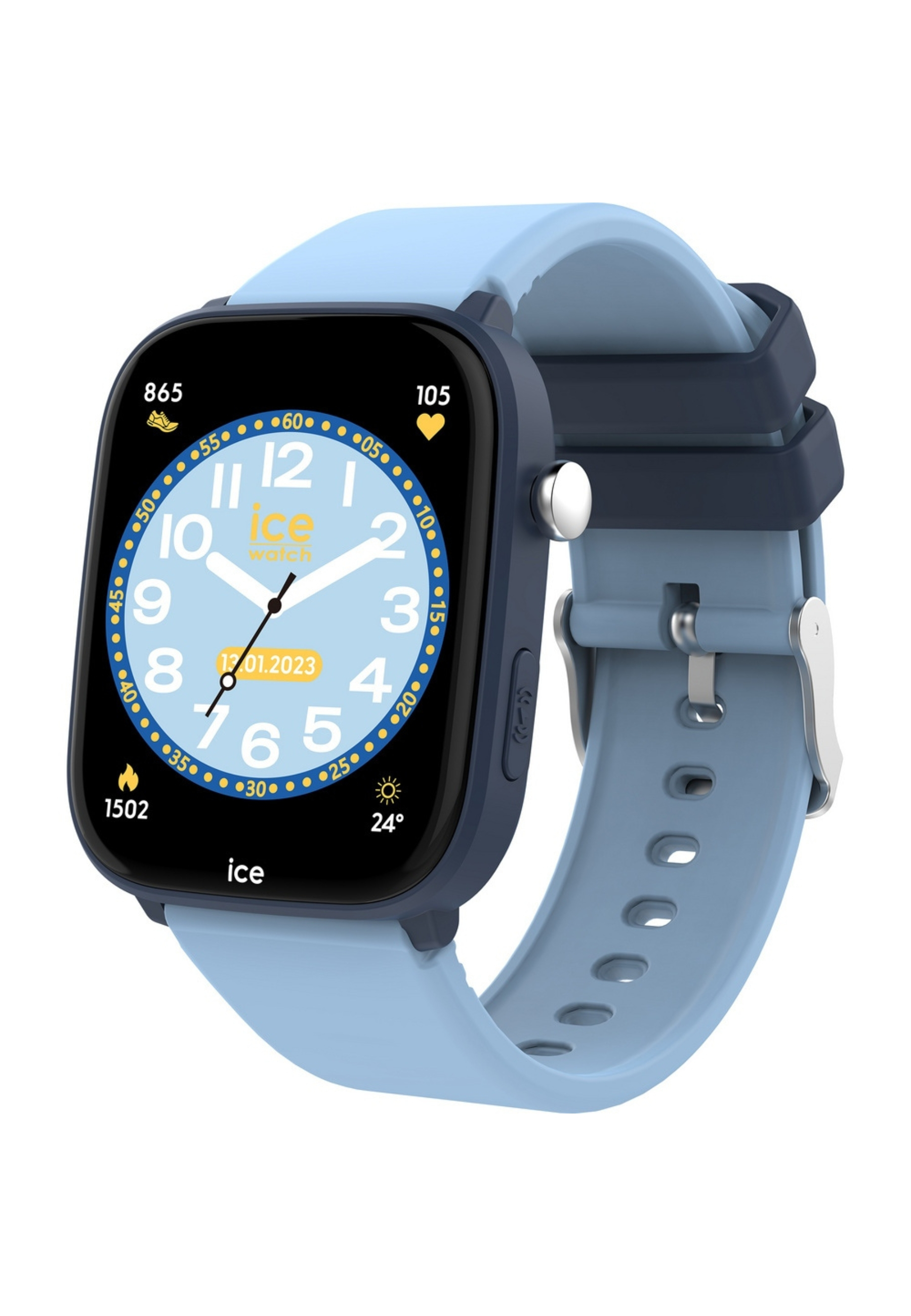 Eine blaue Ice Watch mit digitaler Anzeige des Datums 17. Januar 2023 und Fitness-Tracking-Funktionen.