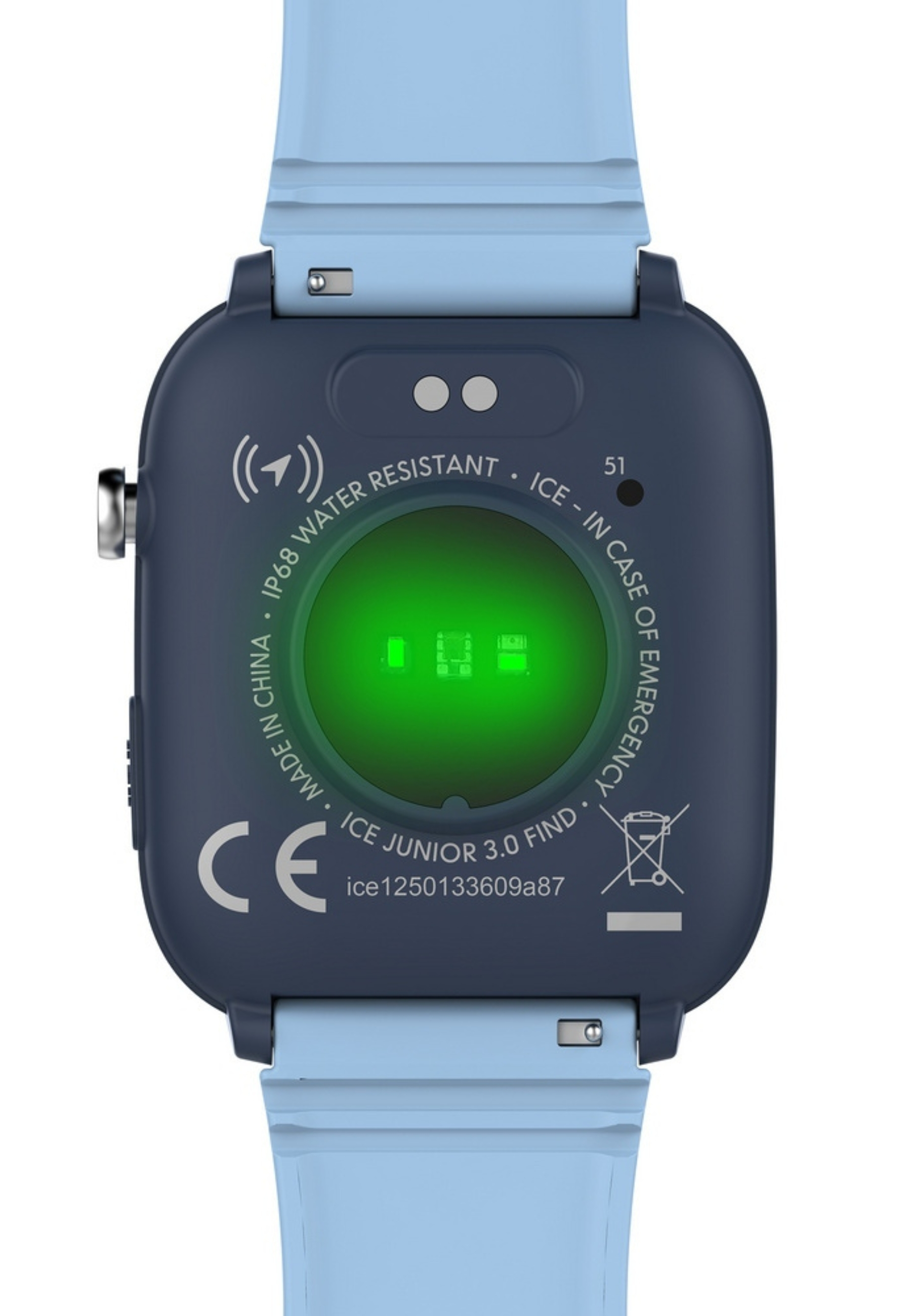 Die Rückseite einer blauen Ice Watch zeigt Sensoren und Markierungen wie „IP68 wasserdicht“ und „Made in China“.