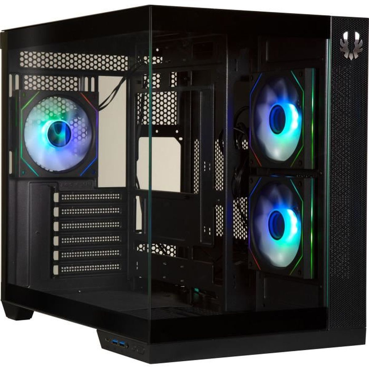 Un case per computer nero con ventole e componenti visibili attraverso un pannello di vetro.
