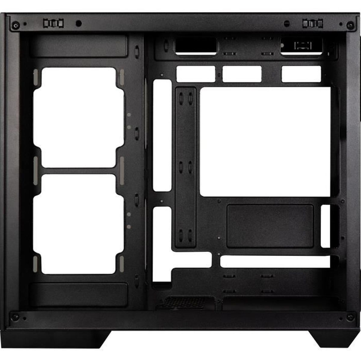 L'interno di un case per computer nero vuoto mostra alloggiamenti e slot per componenti su uno sfondo bianco.