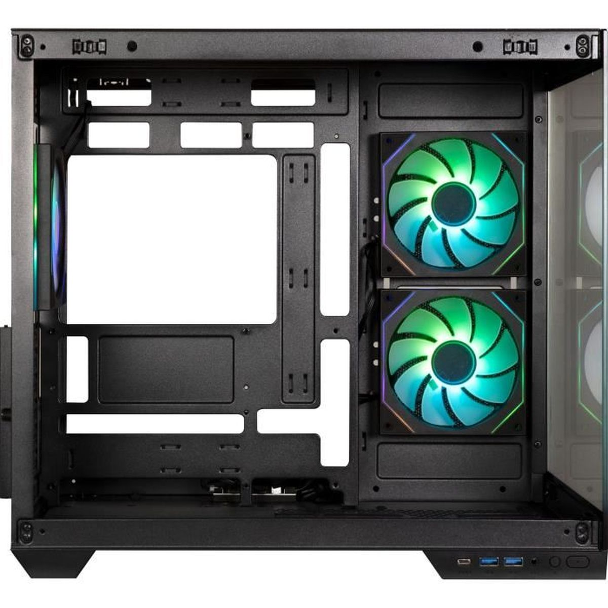 L'interno di un case per computer nero con due ventole illuminate e alloggiamenti vuoti, su uno sfondo bianco.