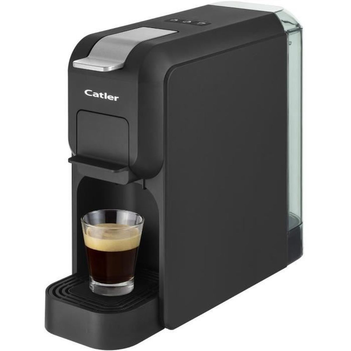 Eine schwarze Kaffeemaschine mit einem Glas Kaffee auf schwarzem Untergrund.