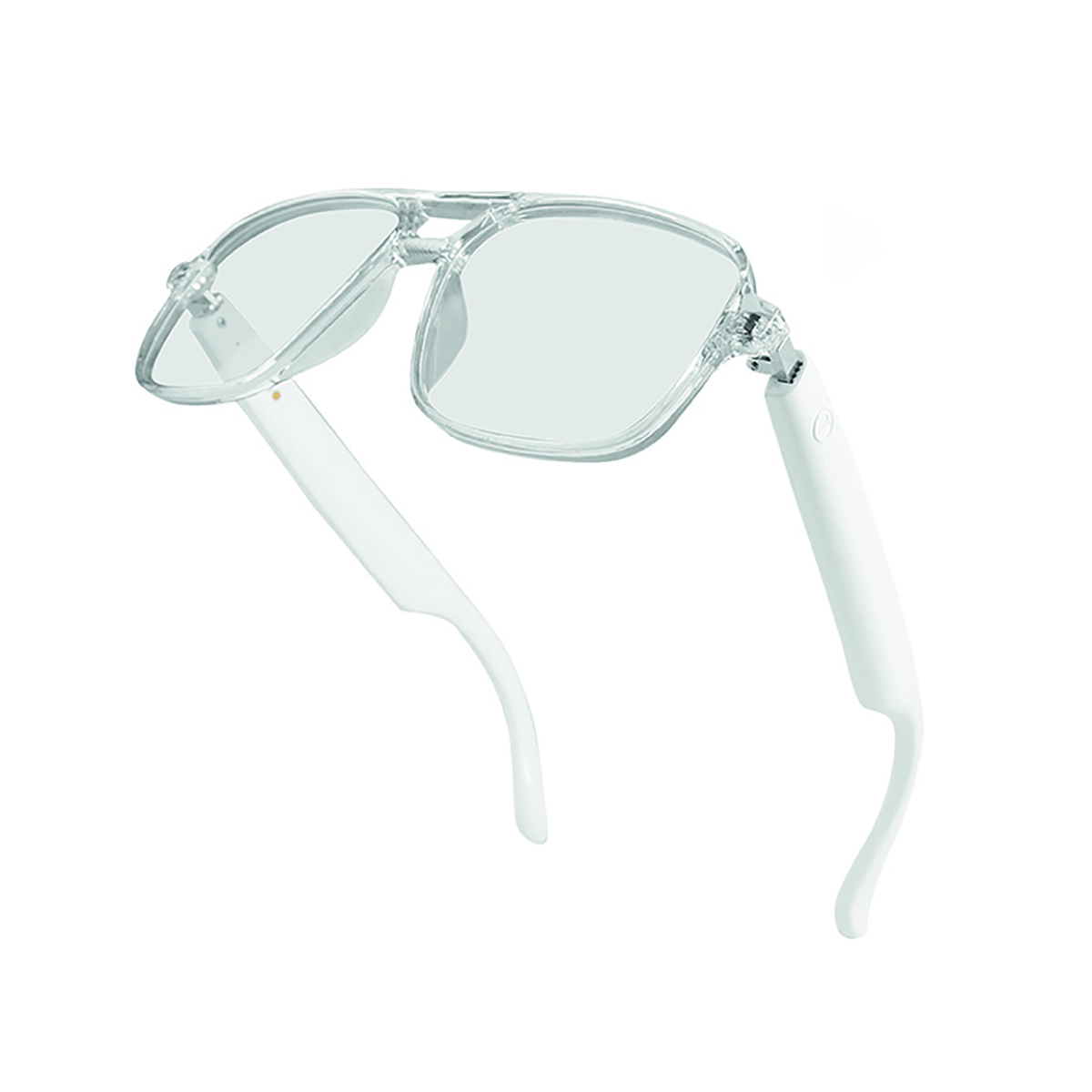 Klare Brille mit weißen Bügeln. Die Brille ist nach oben und links geneigt.