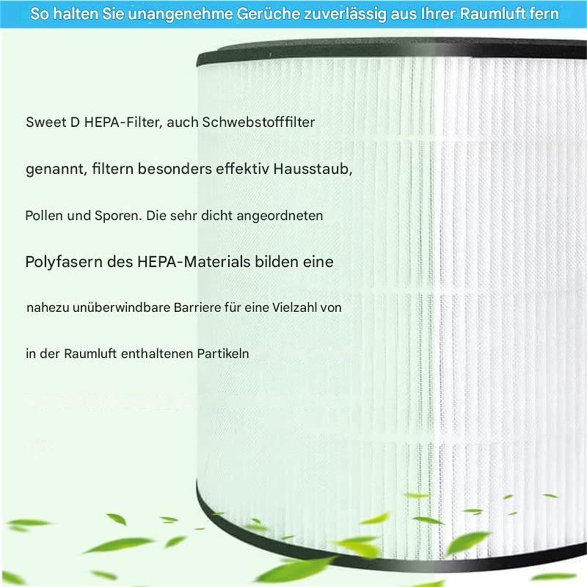 Nahaufnahme eines Filters mit Text, der seine Funktion beschreibt. Der Filter ist weiß.