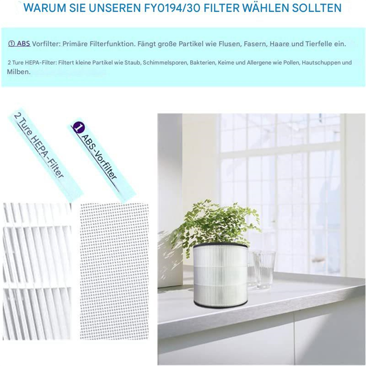Nahaufnahme eines Filters mit Text, der seine Funktion beschreibt. Eine Pflanze und Gläser stehen auf der Theke.