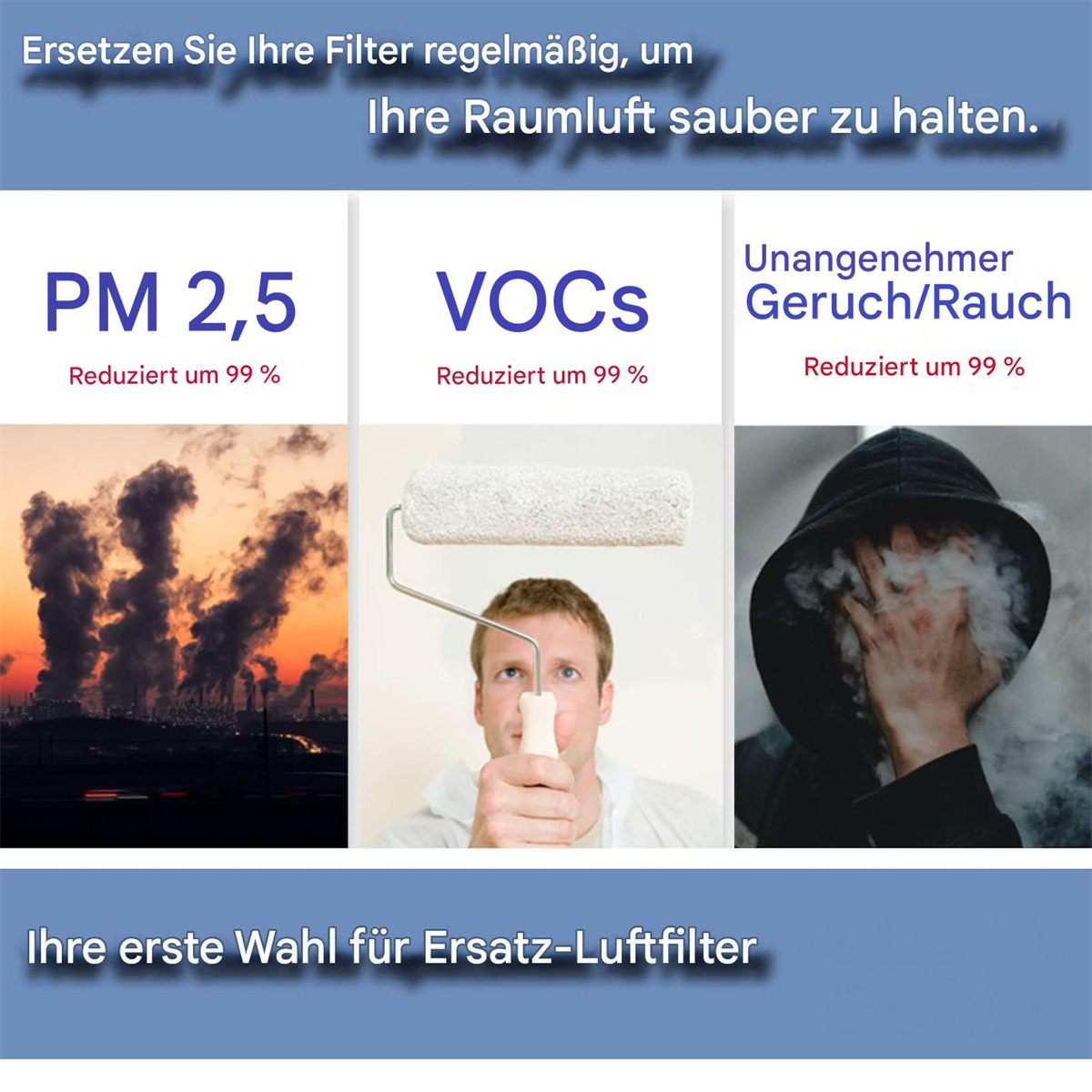 Eine Werbegrafik, die die Vorteile von Luftfiltern zeigt, mit Bildern zu Umweltverschmutzung und Gerüchen.