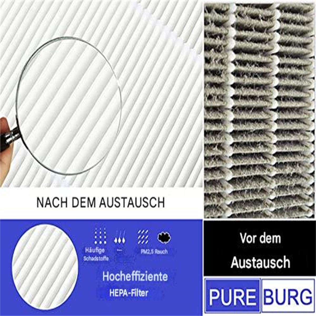 Nahaufnahme eines Filters mit Text, der seine Effizienz beschreibt. Eine Lupe ist im Bild.