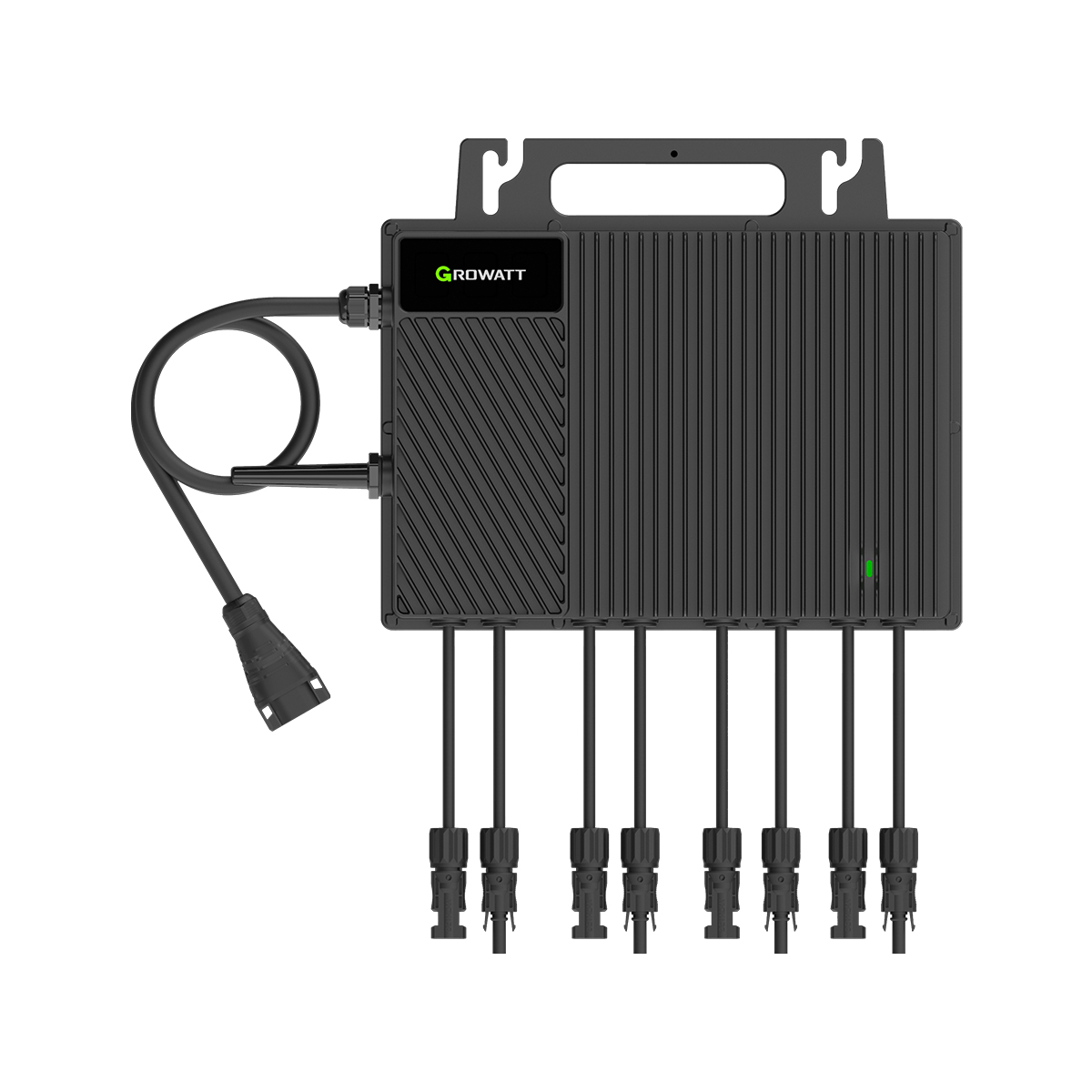 Ein schwarzer Growatt-Solarwechselrichter. Er hat mehrere Eingangsanschlüsse an der Unterseite und angeschlossene Kabel.